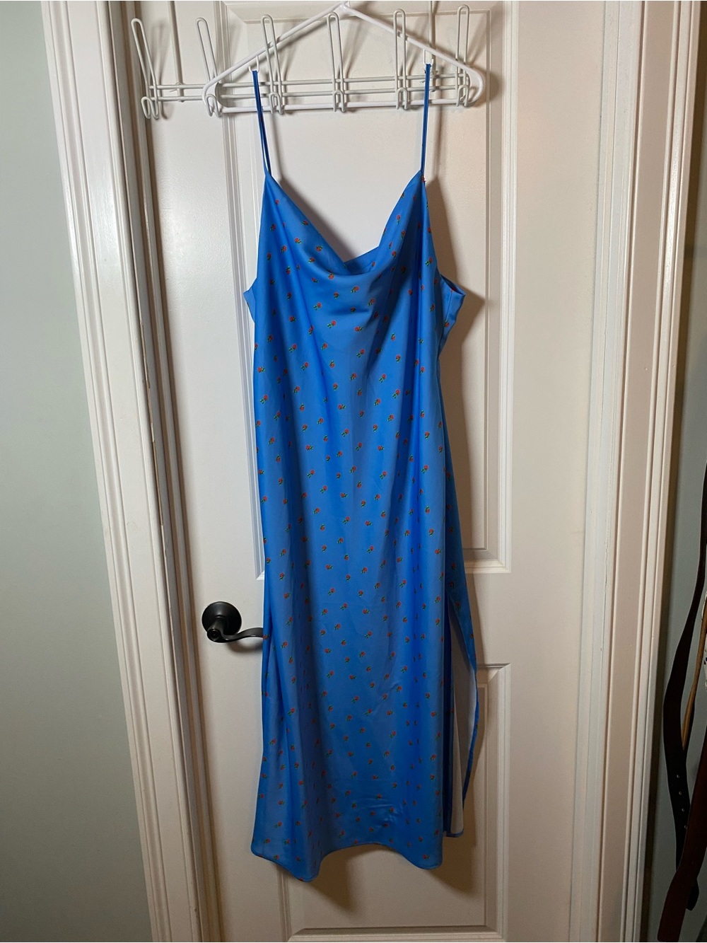 Urban Outfitters Bright Blue Slip Midi with Tiny Strawberry Motif